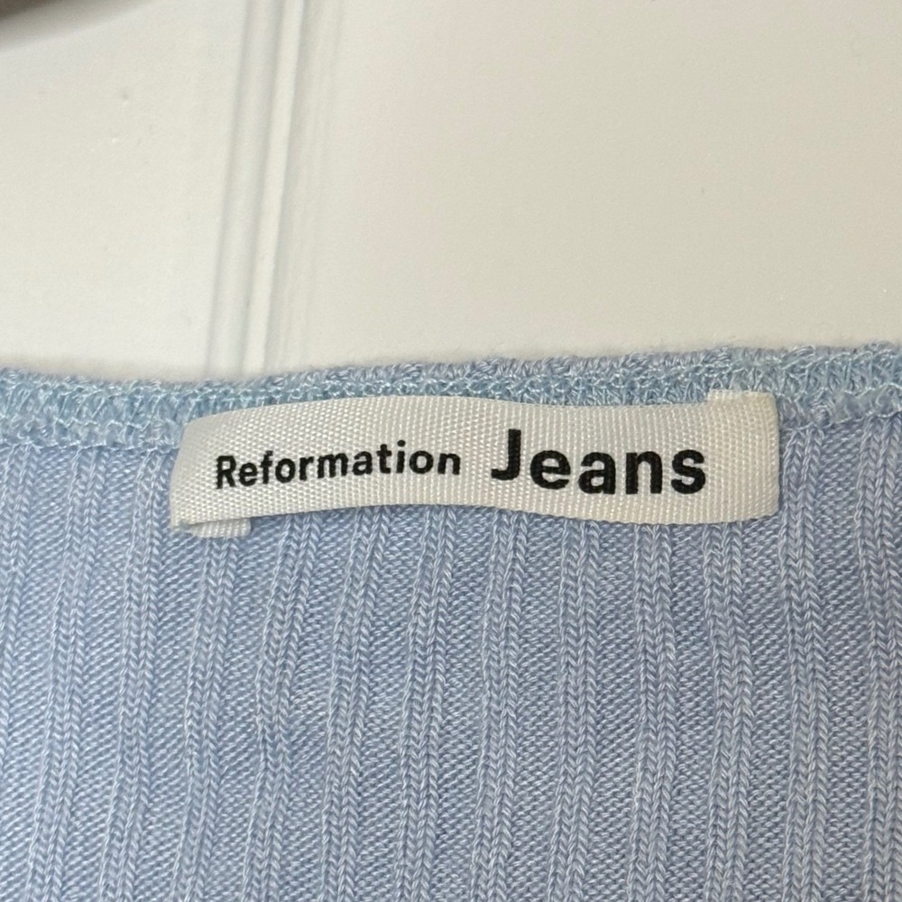 Reformation Jeans Ribbed‎ Square Neck Short Sleeve Top Baby Blue Size S - Picture 2 of 6